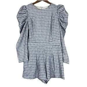 TCEC Romper Womens L Black White Plaid Puff Sleeve Tweed Pleated Old Money
